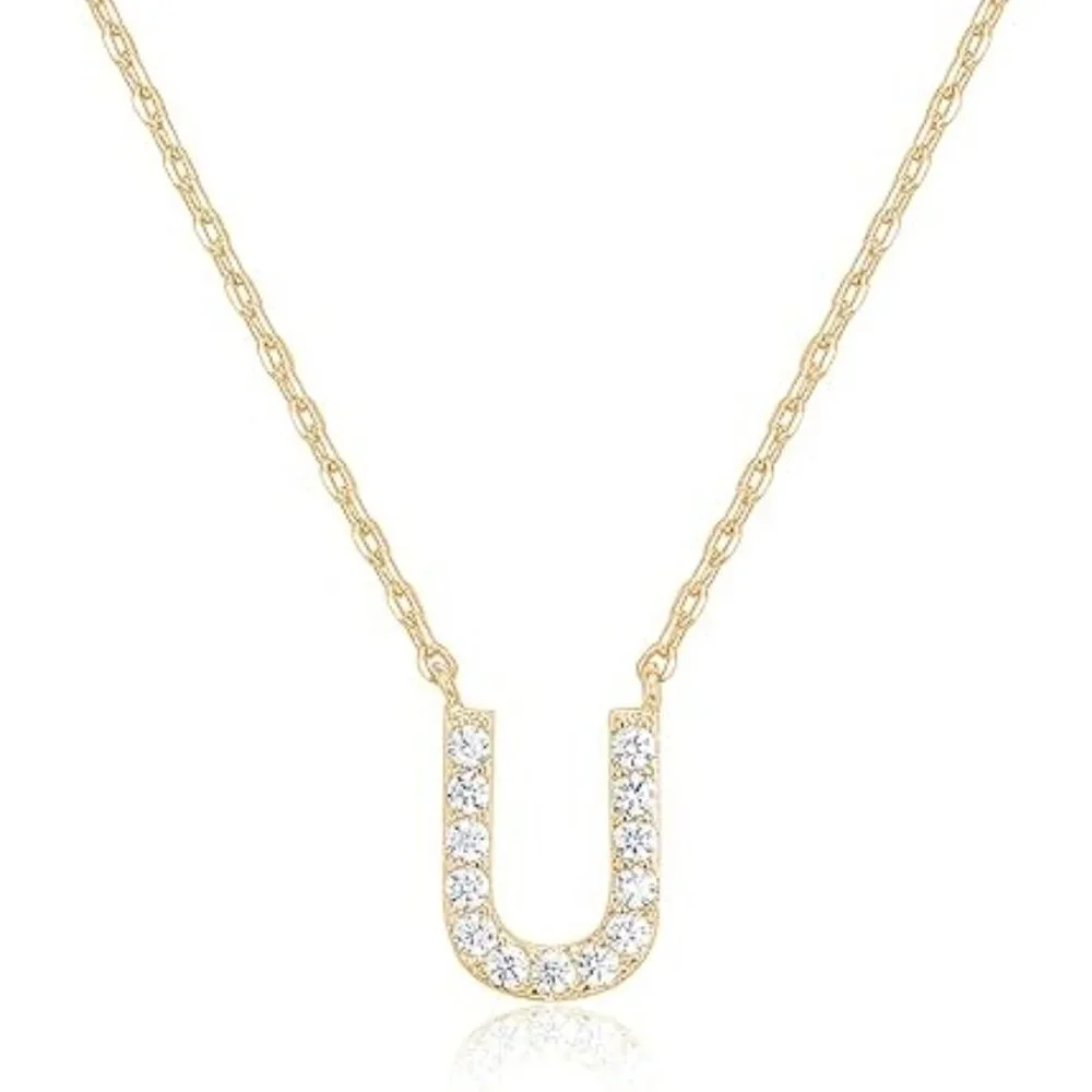 14K Yellow Gold Initial Necklace Letter Dainty Diamond Gift Present P - Z